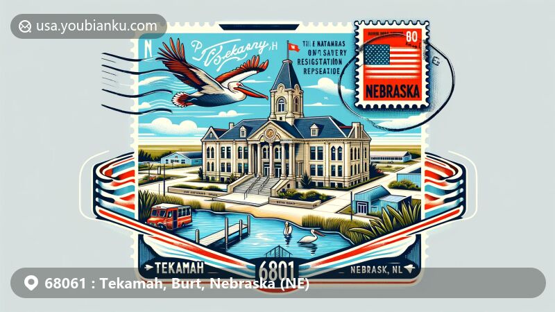 Modern illustration of Tekamah, Burt County, Nebraska, featuring Burt County Museum in Neo-Classical Revival style, Pelican Point State Recreation Area, and Summit Lake State Recreation Area, all enclosed in an air mail envelope shape with a Nebraska state flag stamp and postal mark '68061 Tekamah, NE.'