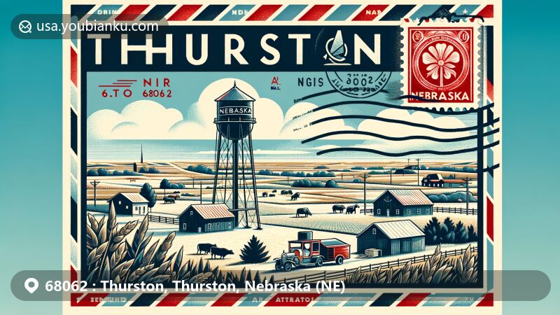 Creative illustration of ZIP code 68062 in Thurston, Thurston County, Nebraska, featuring the iconic water tower, agricultural landscapes, and the state flag, all depicted within an air mail envelope design.