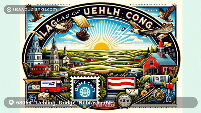 Modern illustration of Uehling, Dodge County, Nebraska, showcasing postal theme with ZIP code 68063, featuring Nebraska state flag and Dodge County outline.