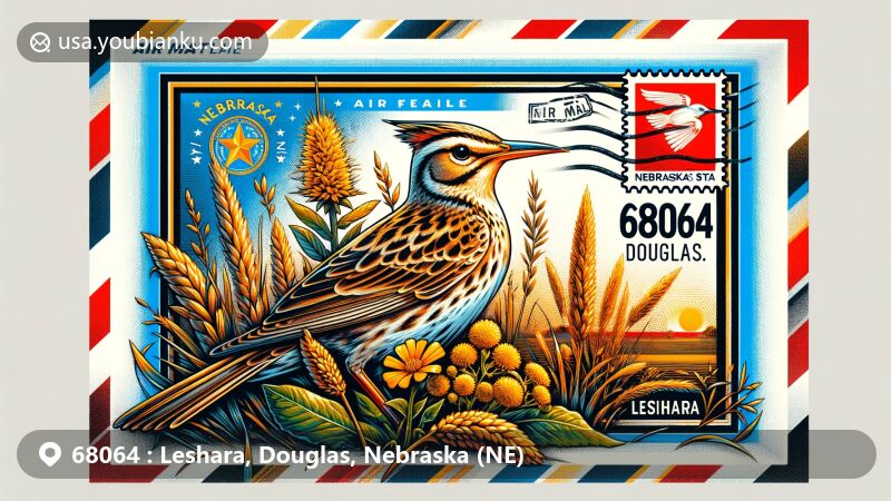 Modern illustration of Leshara area, Nebraska (ZIP code 68064), featuring a creatively styled airmail envelope with Nebraska state flag, Western Meadowlark, and Goldenrod. Background hints at rural charm and geographical features.