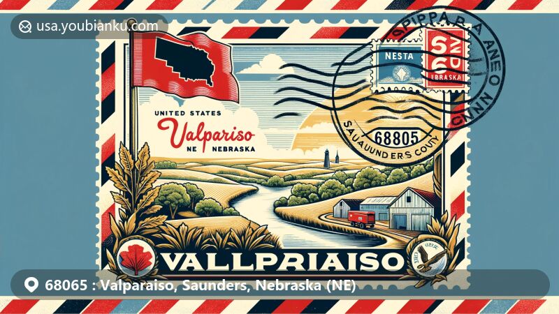 Modern illustration of Valparaiso, Saunders County, Nebraska, depicting Nebraska state flag, Saunders County outline, and Valparaiso landmarks in a vintage air mail envelope with postal theme.