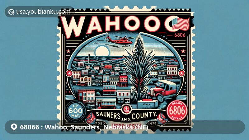 Modern illustration of Wahoo area, Saunders County, Nebraska, highlighting ZIP code 68066, showcasing airmail envelope, Saunders County Historical Society Museum, and Lake Wanahoo.