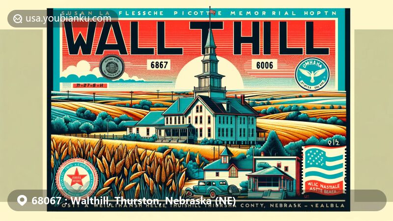 Modern illustration of Walthill, Thurston County, Nebraska, highlighting Susan La Flesche Picotte Memorial Hospital, Omaha Reservation, Native American heritage, Nebraska state flag, vintage postcard, postage stamp with ZIP Code 68067, and postmark.