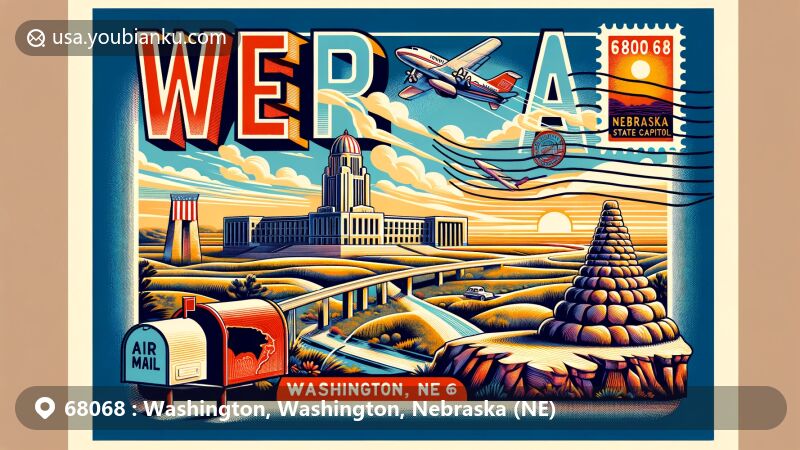 Modern illustration of ZIP Code 68068 in Washington, Nebraska, featuring Nebraska State Capitol, Scotts Bluff National Monument, and Carhenge on a postcard design with airmail theme and vintage elements.