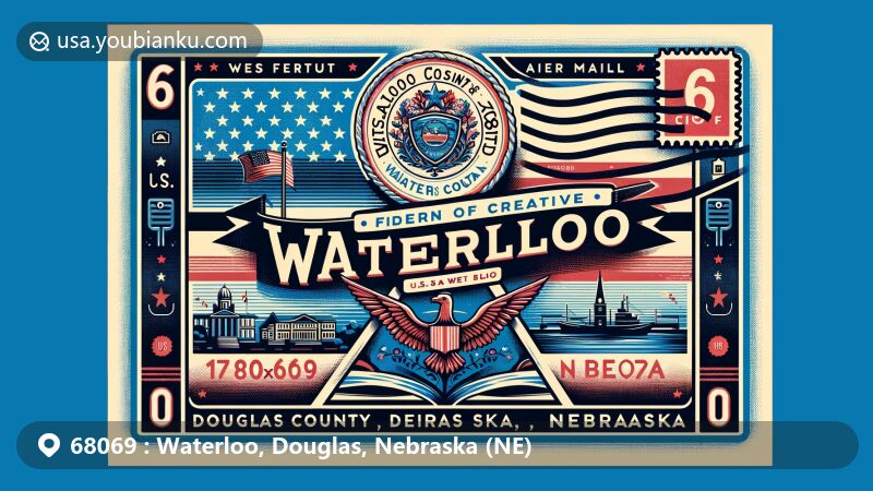 Modern illustration of Waterloo, Douglas County, Nebraska, featuring village seal, county map outline, Nebraska state symbols, and postal elements with highlighted ZIP code 68069.
