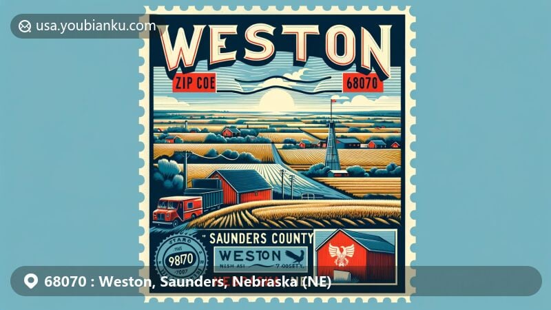 Modern illustration of Weston, Saunders County, Nebraska, focusing on ZIP code 68070 and vintage postcard design, capturing rural charm and agricultural symbolism, incl. Omaha & Republican Valley Railroad history.