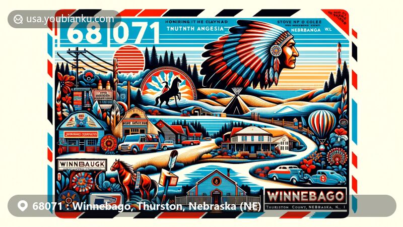Modern illustration of Winnebago, Thurston County, Nebraska, with ZIP code 68071, showcasing rich Ho-Chunk Native American heritage, including Winnebago Indian Reservation, Angel De Cora Museum, and Honoring-the-Clans Sculpture Garden. Features traditional patterns, art, landscapes, and a vintage air mail envelope with the ZIP code.