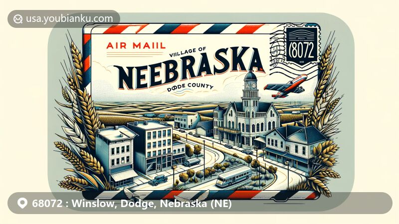 Modern illustration of Winslow, Nebraska, and Dodge County, featuring a vintage air mail envelope with ZIP code 68072, showcasing Winslow's Main Street, Dodge County's outline, and Nebraska's agricultural symbols.