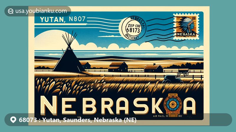 Modern illustration of Yutan, Nebraska, highlighting rural landscape and historical ties to Otoe Indian tribe, with elements like Chief Ietan silhouette and earth lodge. Features vintage postcard design with ZIP code 68073 and Nebraska state flag colors.