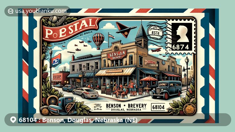Modern illustration of Benson Brewery, Benson community, Douglas County, Nebraska, featuring cozy atmosphere, local charm, and vibrant street scene with postal theme and ZIP code 68104.