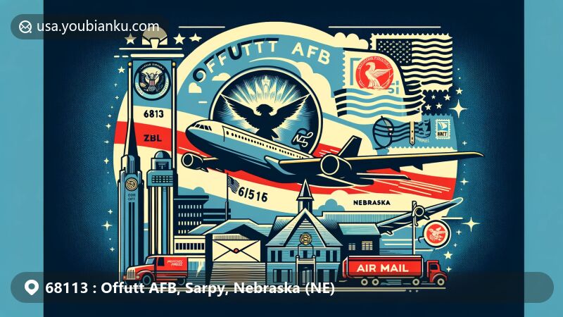 Modern illustration of Offutt AFB, Nebraska, blending military and historical significance with postal theme, featuring Nebraska state flag, silhouette of Offutt Air Force Base, and postal elements like airmail envelope, stamp, and postmark, with prominent ZIP code 68113.