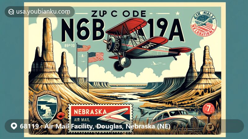 Modern illustration of Douglas, Nebraska, showcasing Air Mail Facility with ZIP code 68119, featuring Chimney Rock, Scotts Bluff National Monument, Toadstool Geologic Park, Nebraska state flag, vintage air mail plane, postage stamp, postmark, wide-open spaces, and rock formations.