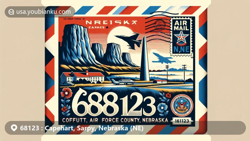 Modern illustration of Capehart area, Sarpy County, Nebraska, with postal theme of ZIP code 68123, featuring Offutt Air Force Base and Chimney Rock.