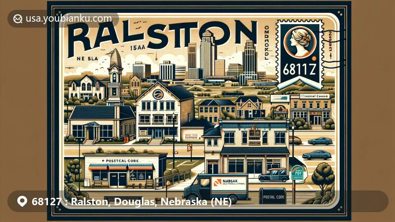 Modern illustration of Ralston, Nebraska, celebrating community spirit and work-life balance, showcasing urban area with downtown core, schools, parks, and public buildings, merging small-town charm with metropolitan opportunities.