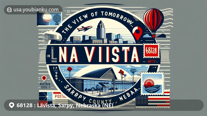 Modern illustration of La Vista, Sarpy County, Nebraska, presenting city's motto 'The View of Tomorrow...Today' and postal theme with ZIP code 68128, featuring youthful energy and vintage postal elements.