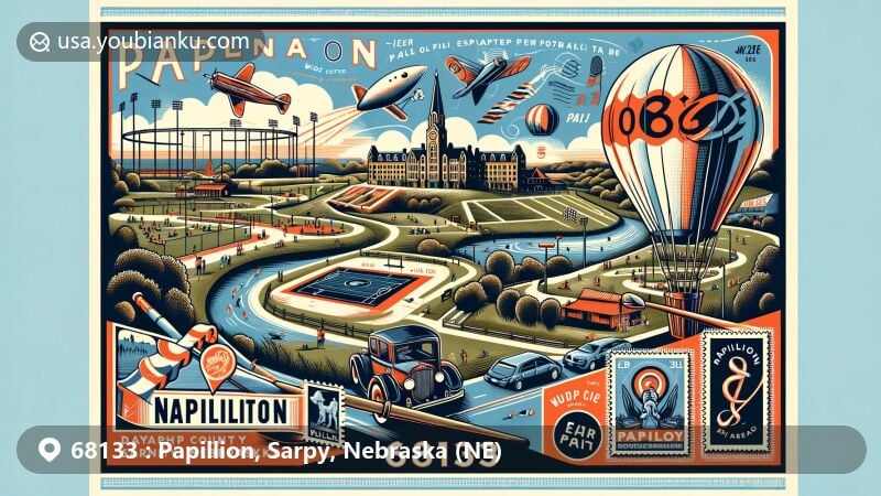 Modern illustration of Papillion, Sarpy County, Nebraska, with ZIP code 68133, showcasing Halleck Park, Papillion Middle School, and cultural symbols, reflecting the city's history and attractions.