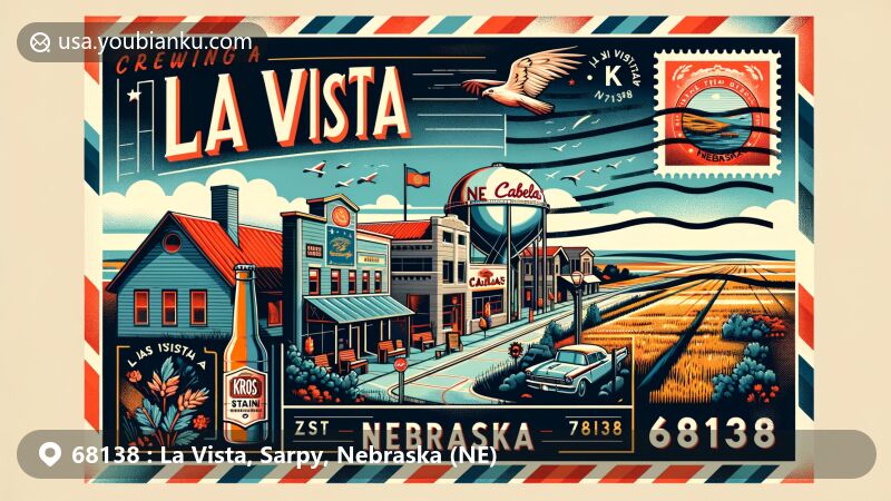 Modern illustration of La Vista, Nebraska (NE), postal theme with ZIP code 68138, featuring Kros Strain Brewing Company and Cabela's, showcasing state flag and rolling plains.