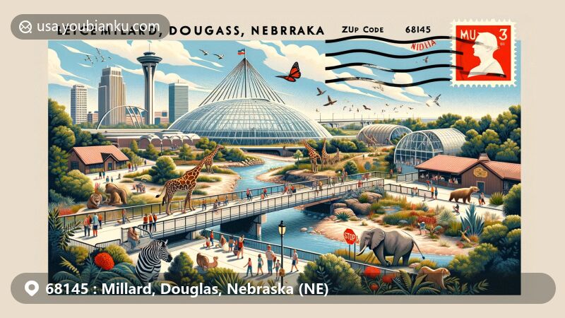 Modern illustration of Millard, Douglas, Nebraska, showcasing Henry Doorly Zoo with Lied Jungle, Desert Dome, and Kingdoms of the Night exhibit, Bob Kerrey Pedestrian Bridge, and Nebraska state symbols.