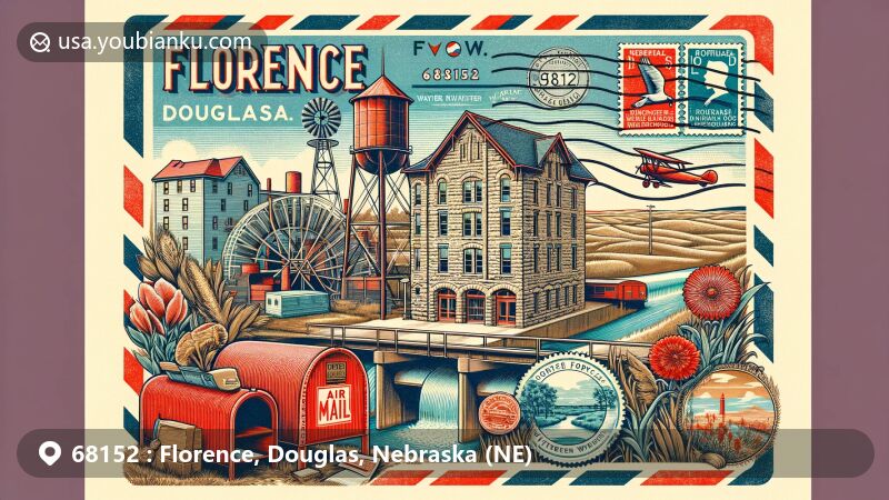 Modern illustration of Florence, Douglas County, Nebraska, inspired by ZIP code 68152, featuring historical landmarks like Old Florence Mill and Florence Water Works, along with symbols of Mormon pioneers and postal elements.