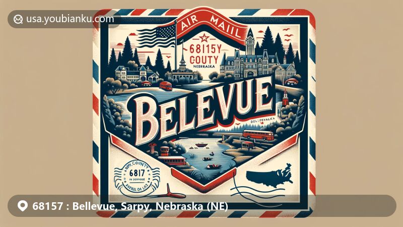 Modern illustration of Bellevue, Sarpy County, Nebraska, featuring ZIP code 68157, showcasing Fontenelle Forest, Haworth Park, Sarpy County Museum, and Nebraska state flag, with vintage postal motifs in a web-friendly style.