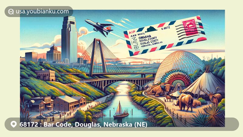 Modern illustration of Omaha, Nebraska, capturing the essence of ZIP code 68172, featuring Bob Kerrey Pedestrian Bridge, Henry Doorly Zoo with Lied Jungle and Desert Dome, and elements of Nebraska's history and natural beauty.