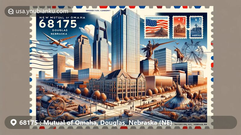 Modern illustration of Mutual of Omaha, Douglas County, Nebraska, showcasing postal theme with ZIP code 68175, featuring new Mutual of Omaha headquarters and iconic landmarks like General Crook House Museum, Hot Shops Art Center, Pioneer Courage Park sculptures, and Omaha Children's Museum.