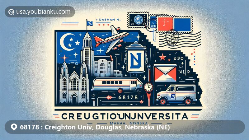 Modern illustration of Creighton University campus life in downtown Omaha, featuring St. John's Church, diverse student activities from College of Nursing, School of Medicine, and School of Law, blending urban skyline with educational spirit.
