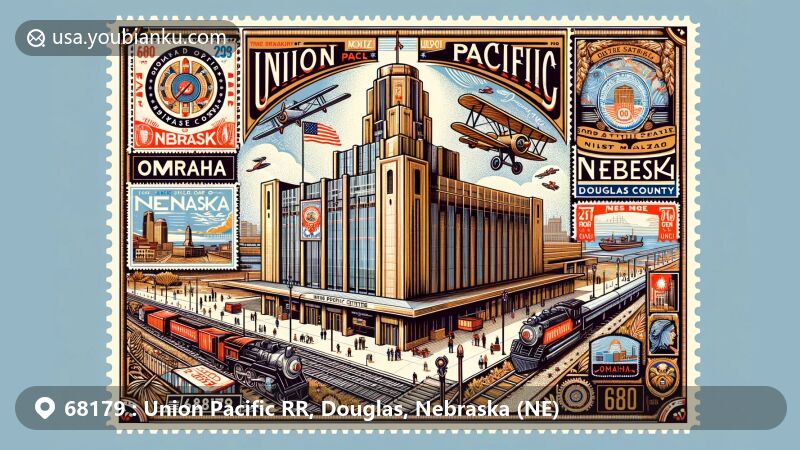 Modern illustration of Union Pacific RR in Douglas County, Nebraska, with postal elements for ZIP code 68179, showcasing the Union Pacific Center, vintage air mail envelope frame, and stamps of local landmarks and cultural symbols of Omaha.