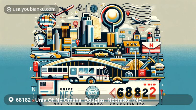 Modern illustration representing postal theme for ZIP code 68182, University of Nebraska Omaha, Douglas County, NE, featuring educational & cultural elements of area.