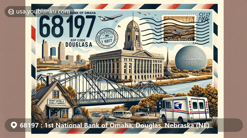 Modern illustration of the 1st National Bank of Omaha in Douglas, Nebraska, showcasing landmarks like the unique architecture of the bank, Bob Kerrey Pedestrian Bridge, and Lauritzen Gardens, with vintage air mail envelope and postage stamp highlighting Henry Doorly Zoo's desert dome.