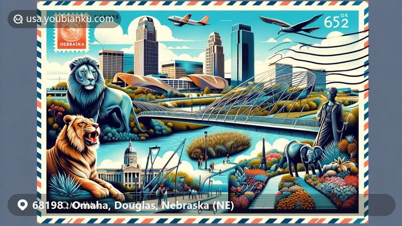 Modern illustration of Omaha, Douglas, Nebraska (NE), with ZIP code 68198, featuring Henry Doorly Zoo, Bob Kerrey Pedestrian Bridge, Lauritzen Gardens, and Pioneer Courage Park.