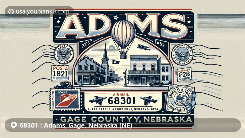 Creative illustration showcasing ZIP code 68301, highlighting Adams village, Gage County, Nebraska. Features Main Street, Nebraska state flag, and postal theme in vintage airmail envelope.