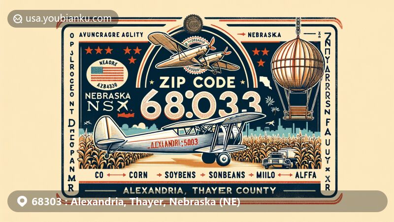 Modern illustration of Alexandria, Thayer County, Nebraska, featuring vintage aviation-themed envelope with stamps, Nebraska state flag, Thayer County outline, and local agricultural elements like corn, soybeans, milo, alfalfa. Incorporates ABC Railroad history and World's Largest Porch Swing in Hebron. Balances postal theme with local charm and highlights area's heritage and agriculture.