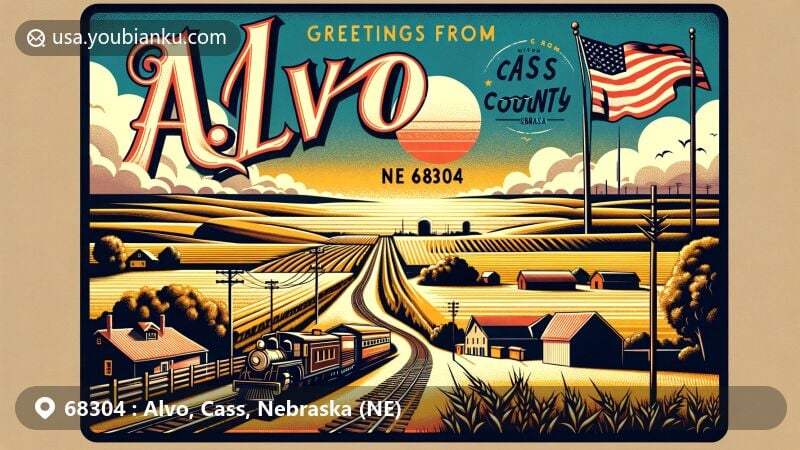 Modern illustration of Alvo, Cass County, Nebraska, with ZIP Code 68304, showcasing rural charm and unique character, featuring Nebraska's rolling hills, farmlands, vintage railroad, and welcoming spirit.
