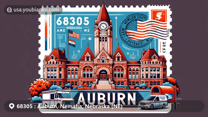 Modern illustration of Auburn, Nebraska, featuring Nemaha County Courthouse clock tower, Legion Memorial Park structures, and postal theme with ZIP code 68305. Design includes Nebraska state flag stamp, American mailbox, and postal van, capturing Auburn's landmarks and postal culture.