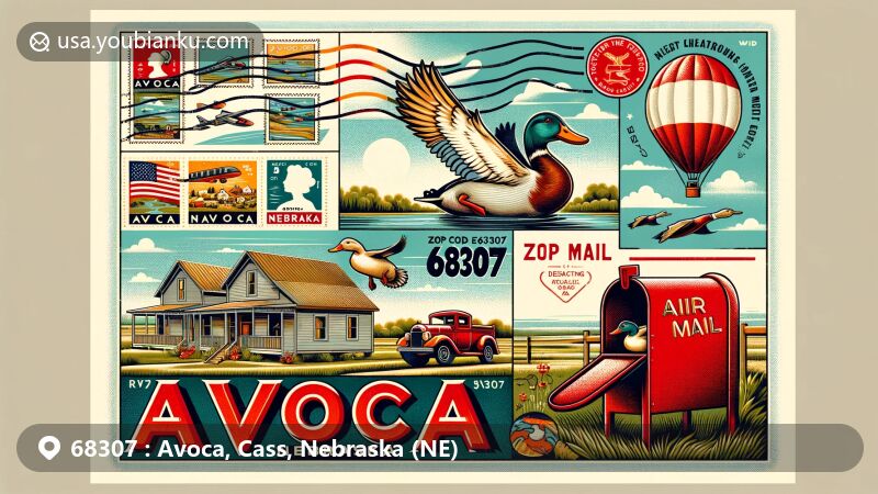 Modern illustration of Avoca, Nebraska, combining local charm with postal themes, featuring Quack Off duck races, rural landscape, vintage air mail envelope, Nebraska state flag, and a whimsical red mailbox with a duck peeking out. ZIP code 68307 is prominently displayed.