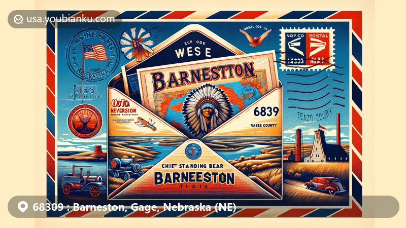 Modern illustration of Barneston, Gage County, Nebraska, featuring airmail envelope with postcard highlighting Oto Reservation and Chief Standing Bear Trail, surrounded by postal service symbols and ZIP code 68309.