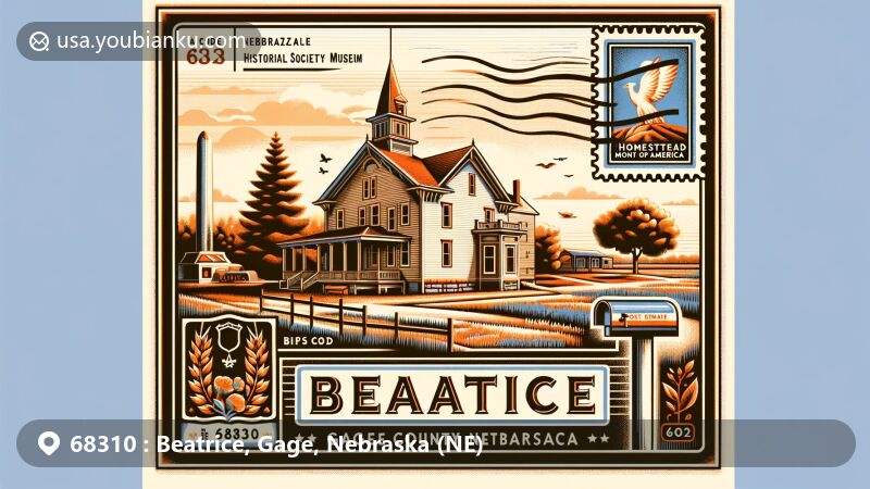 Modern illustration of Beatrice, Nebraska, showcasing Gage County Historical Society Museum, Iron Mountain nature preserve, and Homestead National Monument of America. Includes postal elements like vintage postage stamp corner design, ZIP code 68310, and artistic postal mark.