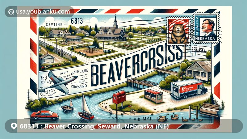 Modern illustration of Beaver Crossing, Nebraska, depicted within an air mail envelope scene, blending contemporary illustration styles, highlighting the village's characteristics and postal theme.