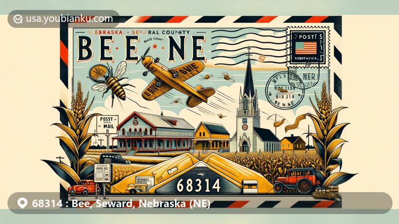 Modern illustration of Bee, Seward, Nebraska, featuring vintage air mail envelope with ZIP code 68314, showcasing ballroom, church, cornfields, and Nebraska symbols.