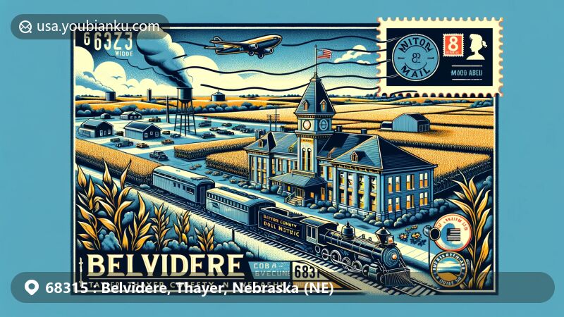 Modern illustration of Belvidere, Thayer County, Nebraska, showcasing postal theme with ZIP code 68315, featuring Thayer County Museum, agricultural landscape, and Union Pacific Railroad train.