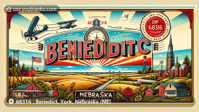 Modern illustration of Benedict, York County, Nebraska, featuring vintage postcard theme highlighting 68316 ZIP code, Nebraska fields, and small-town life.