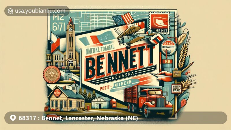 Modern illustration of Bennet, Nebraska, showcasing postal theme with ZIP code 68317, featuring vintage airmail envelope with Nebraska state flag stamp and custom postmark for Bennet, NE.
