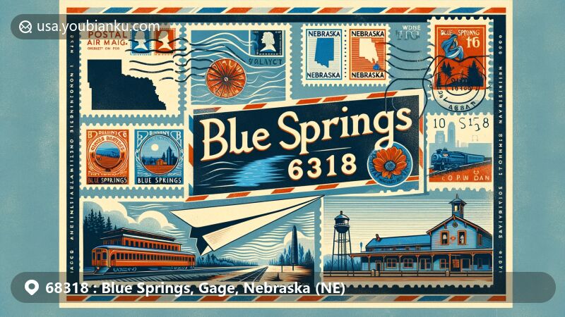Modern illustration of Blue Springs, Gage County, Nebraska, featuring the Big Blue River and historical references to the town's medicinal springs, incorporating postal theme with vintage air mail envelope, local landmarks, and the Gage County Historical Society Museum.