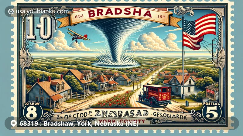 Modern illustration of Bradshaw, York County, Nebraska, capturing rural tranquility with a vintage postal theme, featuring the state flag, a tornado symbolizing historical events, Toadstool Geologic Park, and text elements 'Bradshaw, NE 68319' and 'York County'.