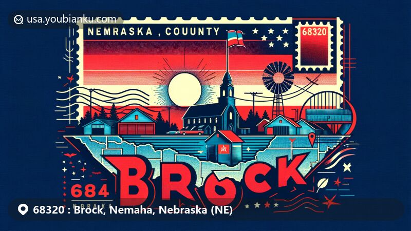 Modern illustration of Brock, Nemaha County, Nebraska, highlighting postal theme with ZIP code 68320, featuring Nebraska state flag, Nemaha County silhouette, rural character elements, postcard shape, stamp.