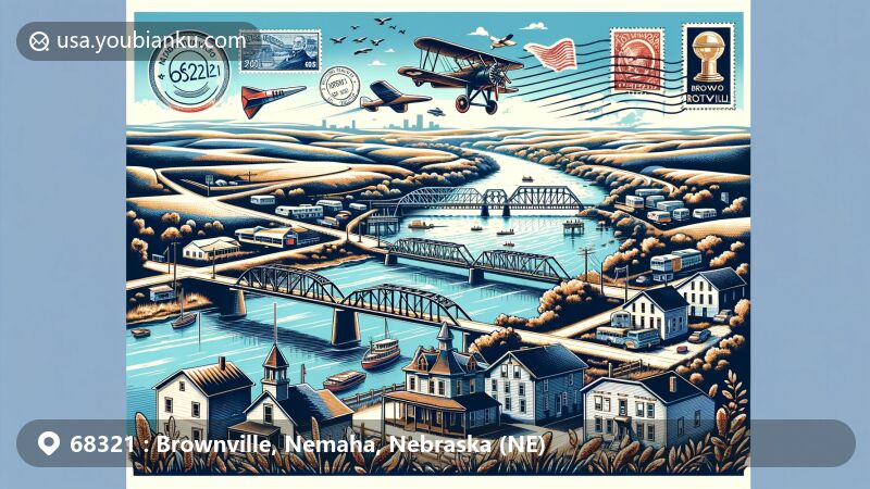 Modern illustration of Brownville, Nebraska, showcasing the charm of ZIP code 68321 with Missouri River, historic downtown landmarks, Brownville Bridge, postal elements, and loess hills.