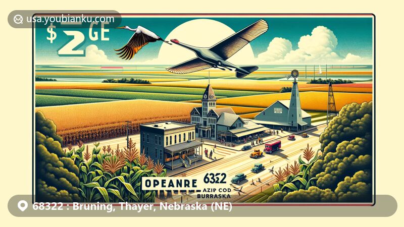 Modern illustration of Bruning, Nebraska, featuring agricultural landscape with corn, soybeans, milo, and alfalfa under a sunny sky, airplane symbolizing Bruning Army Air Field, whooping crane symbolizing wildlife near Father Hupp Wildlife Preserve, opera house, hotel, and saloon historic landmarks, vintage postal theme with ZIP code 68322, and Nebraska state flag.
