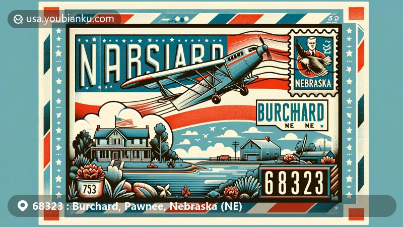 Vibrant illustration of Burchard, Nebraska, with airmail envelope featuring Nebraska state flag stamp and ZIP code 68323, including Burchard Lake and Harold Lloyd Home.