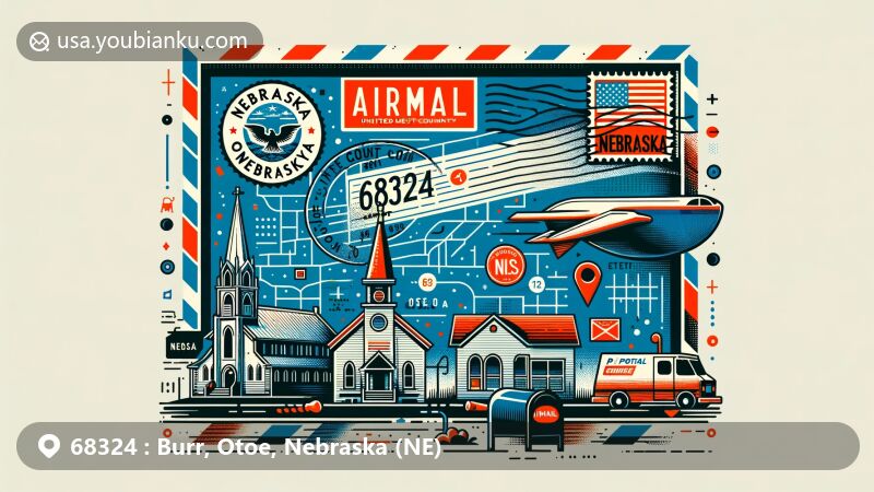 Modern illustration of ZIP Code 68324 in Burr, Otoe, Nebraska, featuring airmail envelope with postmark and Nebraska state flag stamp, showcasing Burr United Methodist Church outline, mailbox, and postal van.